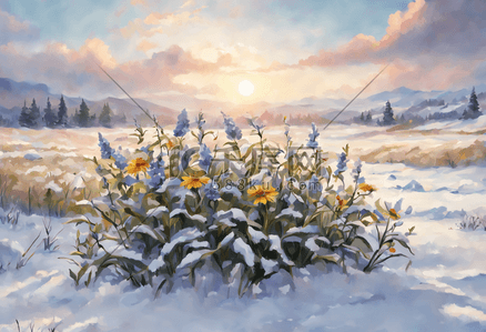 冬天的风景野花插画写实天空云彩