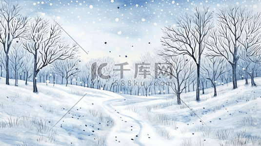 灰插画图片_灰蓝色乡村田野树林雪景插画