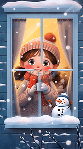 冬天可爱女孩咖啡雪人赏雪手绘插画