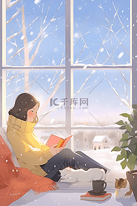一个女孩坐着的插画图片_冬日暖阳手绘窗前女孩看书插画