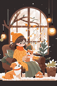 一个坐着喝咖啡的插画图片_冬天室内女孩喝咖啡圣诞节插画手绘