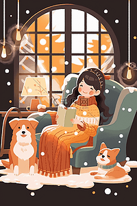 一个坐着喝咖啡的插画图片_手绘插画冬天室内女孩喝咖啡圣诞节