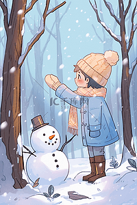 可爱孩子冬天雪景雪人手绘插画海报