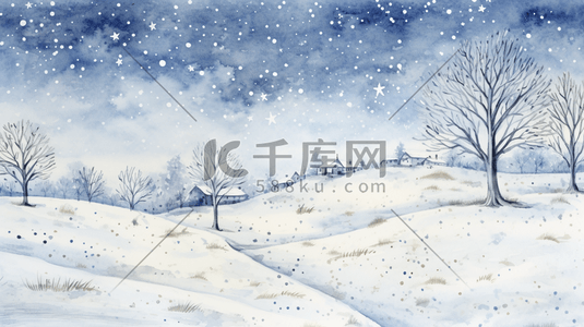 灰蓝色插画图片_灰蓝色乡村田野树林雪景插画