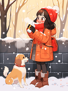 黑色墙插画图片_咖啡冬天下雪可爱女孩手绘元素