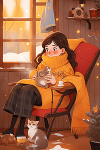 冬天手绘喝咖啡女孩插画海报