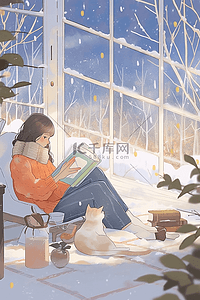 一个女孩坐着的插画图片_冬日暖阳窗前手绘女孩看书插画
