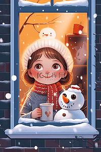 深蓝色海报插画图片_冬天手绘可爱女孩咖啡雪人赏雪插画