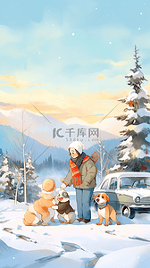 黄色的车插画图片_露营冬天雪景插画海报