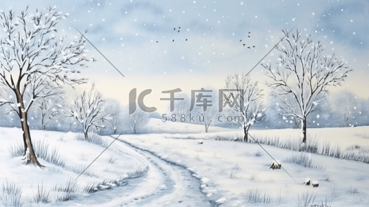 灰插画图片_灰蓝色乡村田野树林雪景插画