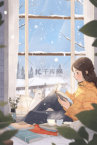 冬日暖阳插画窗前女孩看书手绘