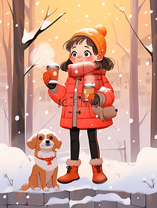 卡通可爱小狗女孩插画图片_下雪可爱女孩咖啡冬天手绘元素