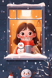 手绘冬天可爱女孩咖啡雪人赏雪插画
