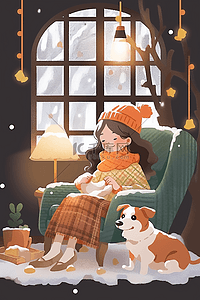 冬天屋内插画图片_室内女孩喝咖啡圣诞节手绘冬天插画