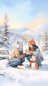 三叶草帽子插画图片_下雪三口露营冬天手绘插画