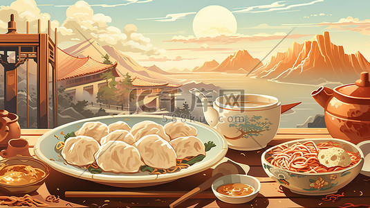 美食餐厅插画图片_饺子美食餐厅中国风插画3