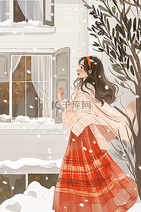 叶子的树插画图片_冬天下雪可爱女孩插画唯美手绘