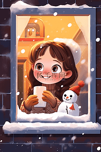 冬天可爱女孩咖啡赏雪雪人手绘插画