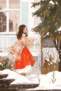 叶子的树插画图片_下雪可爱女孩唯美手绘冬天插画