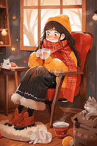 一个坐着喝咖啡的插画图片_喝咖啡女孩手绘插画冬天海报