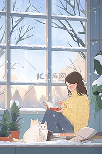 一个女孩坐着的插画图片_冬日暖阳窗前女孩看书手绘插画