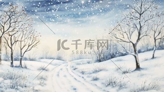 灰蓝色乡村田野树林雪景插画