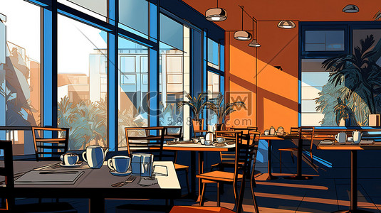 橙色装饰插画图片_高档餐厅内部橙色和蓝色5