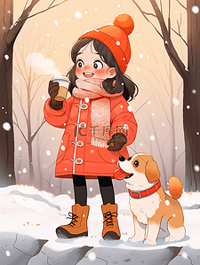 红色渐变背景插画图片_冬天可爱女孩下雪咖啡手绘元素
