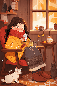 冬天插画喝咖啡女孩手绘海报