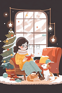 冬天室内手绘女孩喝咖啡圣诞节插画