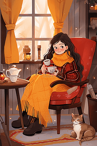 冬天喝咖啡女孩手绘插画海报