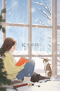 一个女孩坐着的插画图片_冬日暖阳窗前插画女孩看书手绘