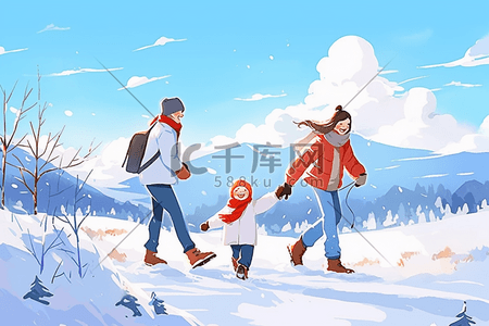 雪地里玩耍插画图片_冬天海报雪地一家人玩耍手绘插画