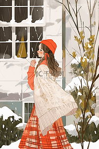 叶子的树插画图片_插画冬天下雪可爱女孩唯美手绘