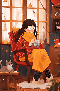 女孩冬天喝咖啡手绘插画海报