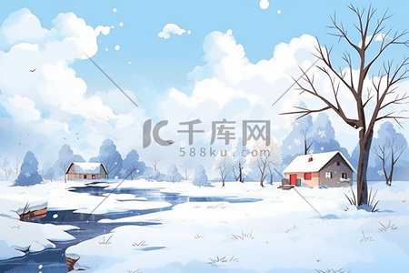 水彩手绘冬天雪景插画