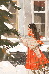 冬天下雪可爱女孩唯美手绘插画