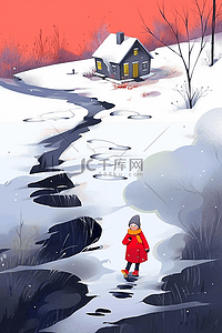 蓝红色海报插画图片_冬天冰冻湖面手绘女孩插画