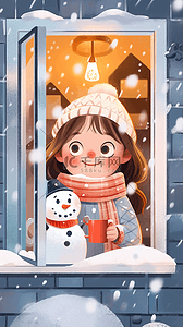 内有插画图片_可爱女孩咖啡冬天雪人赏雪手绘插画