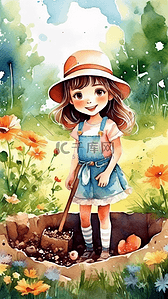 卡通小女孩在插画图片_小女孩在花园里挖土自然光卡通