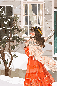 叶子的树插画图片_下雪冬天可爱女孩唯美手绘插画