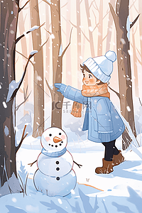 树林雪景背景插画图片_雪景冬天可爱孩子雪人手绘插画海报