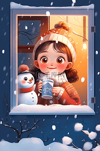 冬天可爱女孩雪人咖啡赏雪手绘插画