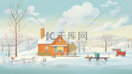 冰雪覆盖插画图片_冰雪覆盖的小屋烟雾升起1