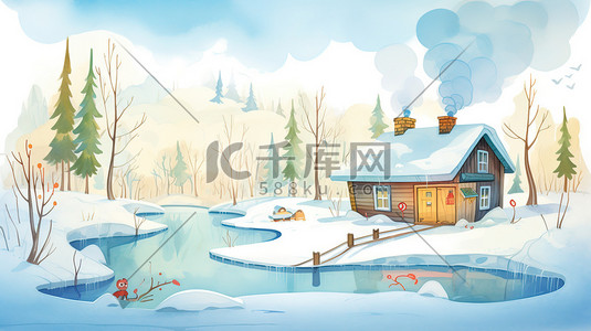 冰雪覆盖插画图片_冰雪覆盖的小屋烟雾升起15