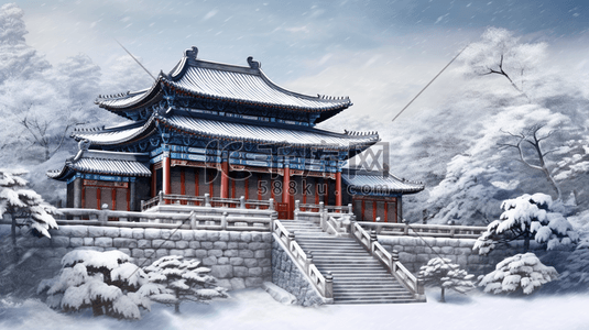 福建红砖插画图片_古建筑城墙周围雪景插画18