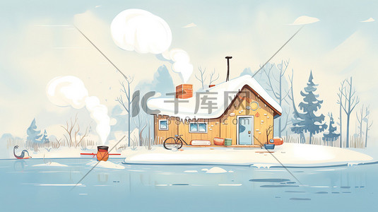 冰雪覆盖插画图片_冰雪覆盖的小屋烟雾升起18