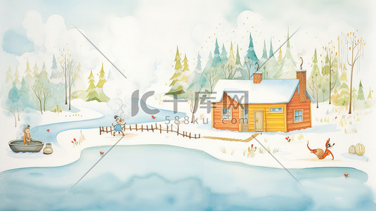 冰雪覆盖插画图片_冰雪覆盖的小屋烟雾升起17