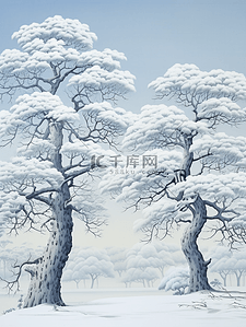 雪压插画图片_参天大树雪中雾凇美景插画9