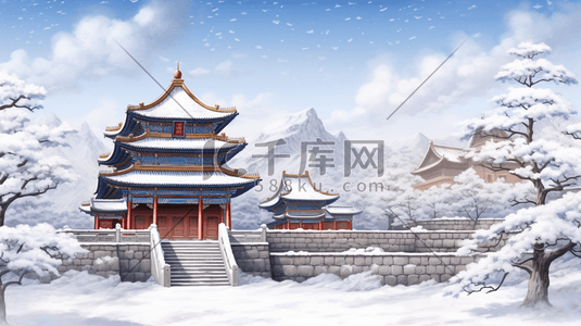 古建筑城墙周围雪景插画7